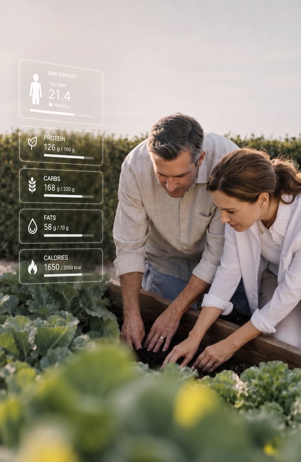 A couple tending an organic garden with nutrition data overlaid