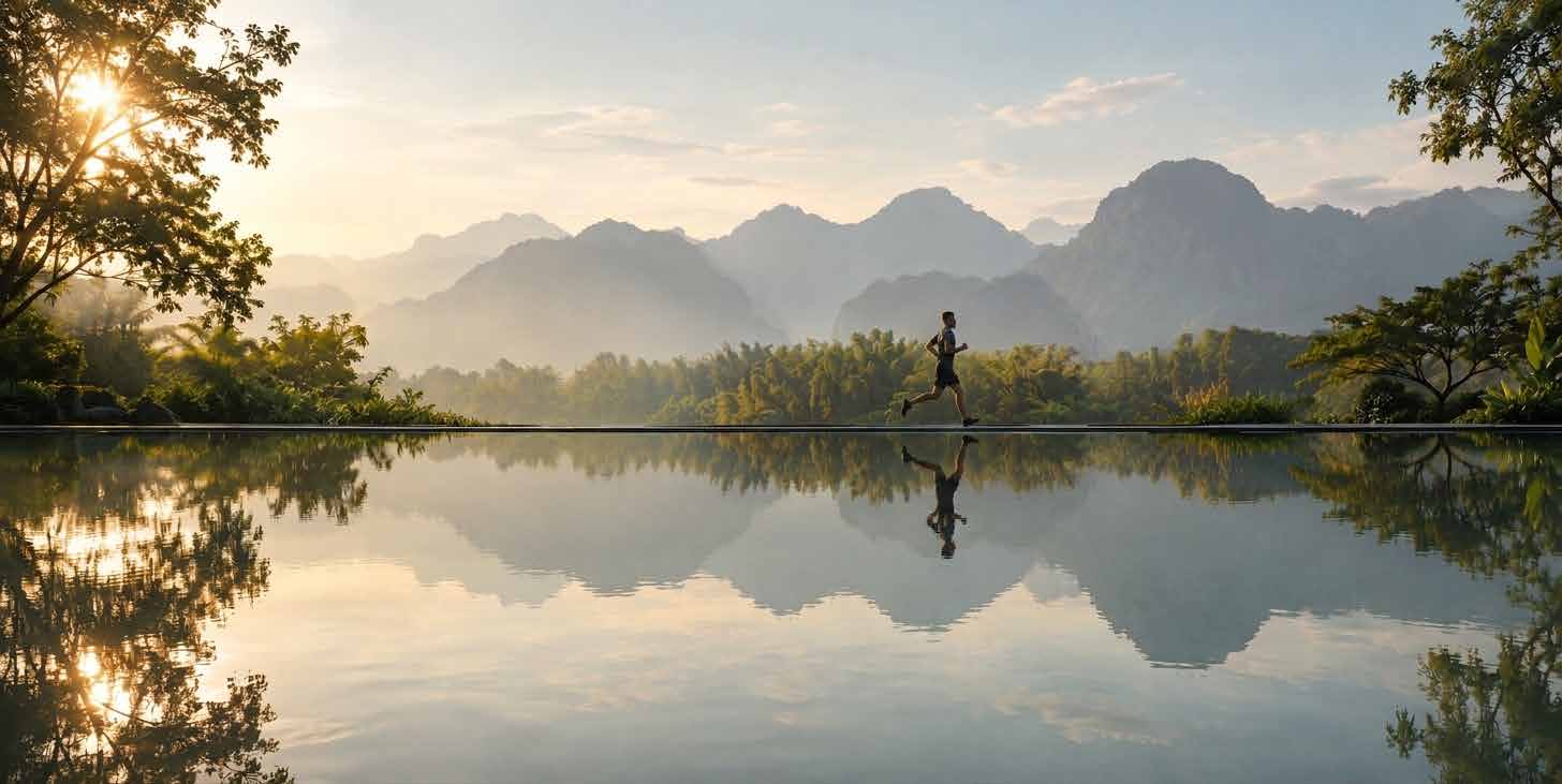 Runner on a lakeside trail at sunrise with mountains reflected in the water