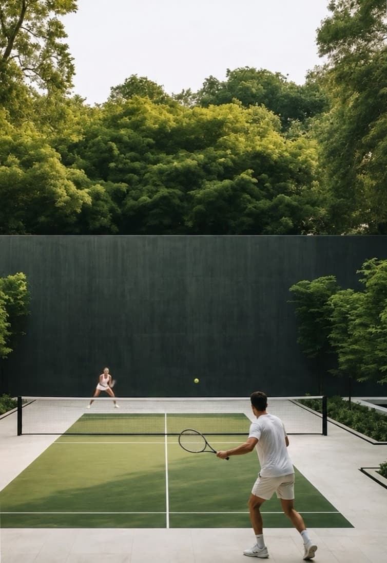 Private tennis court surrounded by trees