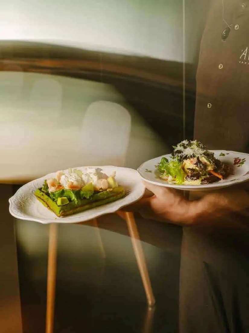 Chef presenting two plated dishes