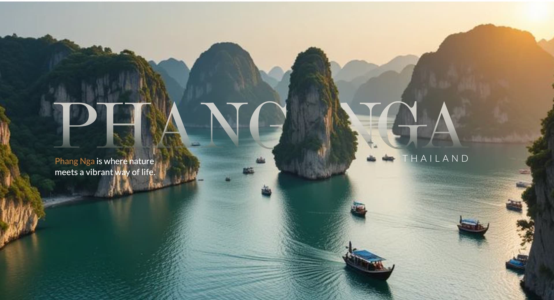 Phang Nga, Thailand — limestone karsts and longtail boats in the bay at sunrise